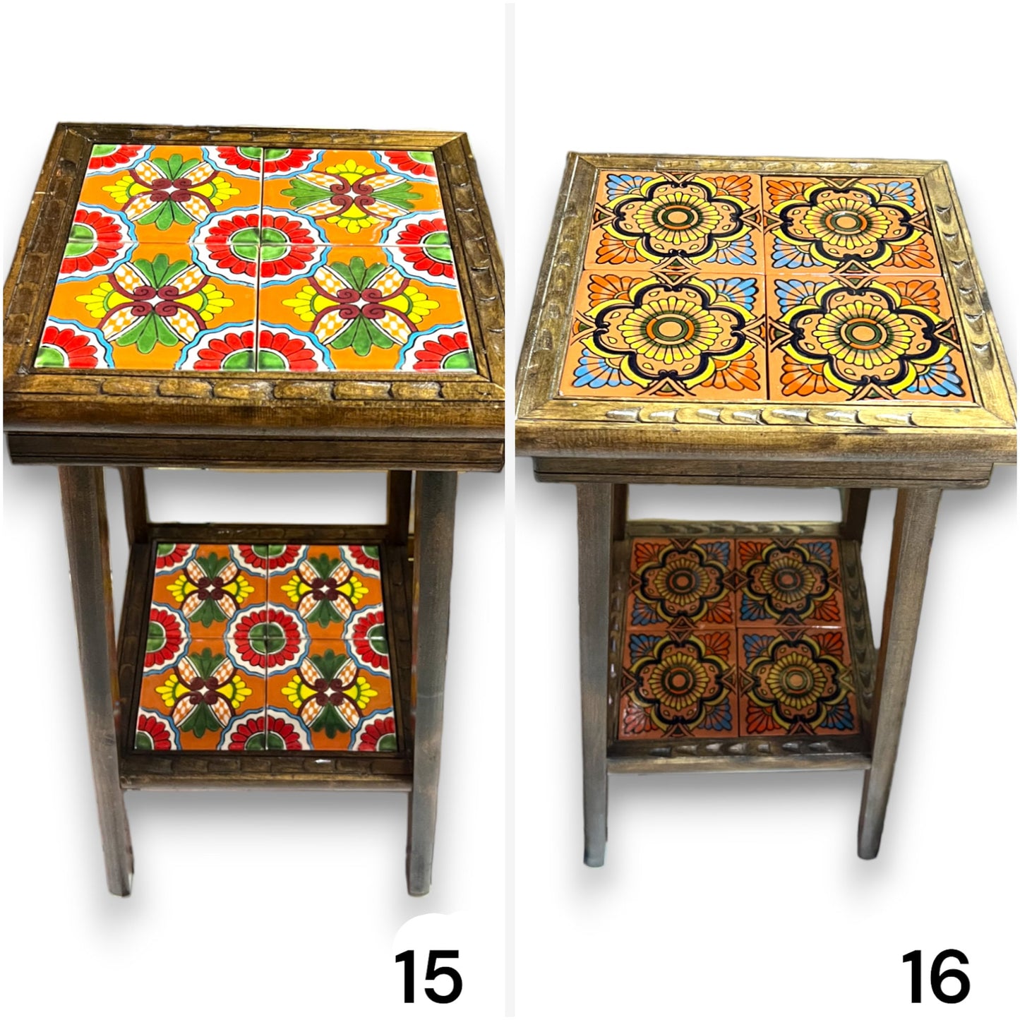 Handmade Mexican Accent End Table | Talavera Tiles, Wood Side Table