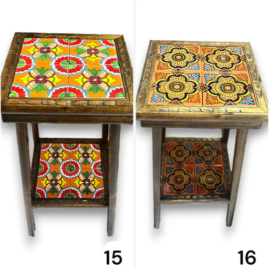 Square Talavera Tile End Table | Handmade Mexican Wood Accent Table with vibrant hand-painted Talavera tiles and lower shelf, kiln-fired lead-free glaze