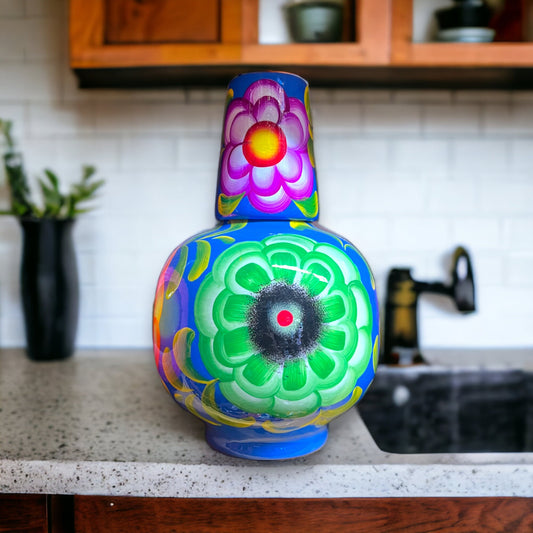 Large Mexican Hand-Painted Water Carafe | Colorful Guerrero-Style Beverage Pitcher