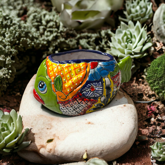 Small Talavera Fish Planter | Colorful Hand-Painted Mexican Statue Pottery