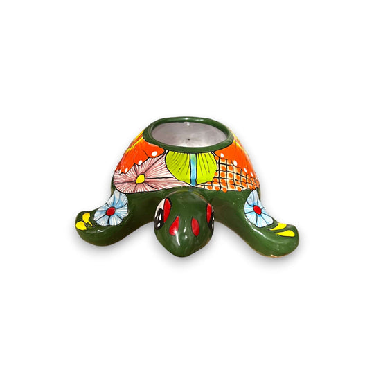 Small Talavera Sea Turtle Planter | Hand-Painted Mexican Turtle Pottery - hand-painted green turtle planter with floral Talavera design