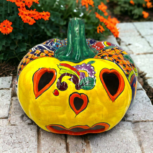 Colorful XL Talavera Pumpkin | Handmade Mexican Jack-o'-Lantern Decor