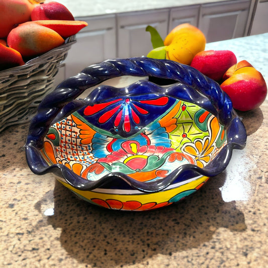 Talavera Fruit Basket | Colorful Hand-Painted Mexican Pottery Centerpiece with Handle