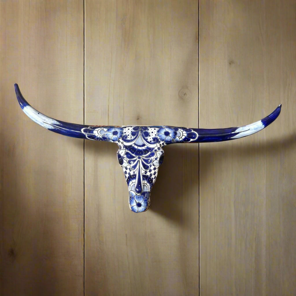Talavera Texas Longhorn Bull Skull - Handmade Painted Mexican Wall Art 38"x18"