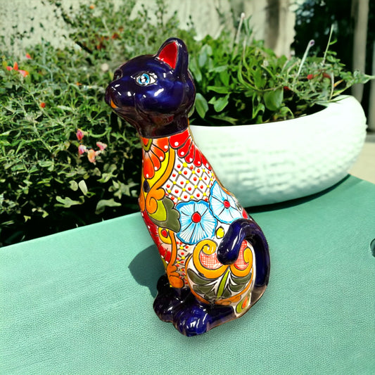 Talavera Cat Statue | Hand-Painted Medium-Sized Mexican Cultural Artwork