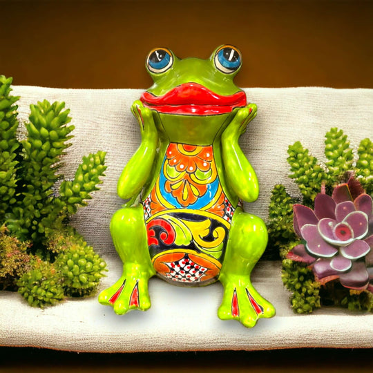 Talavera Frog Statue | Vibrant Hand-Painted Mexican Ceramic Art — hand-painted green frog with red lips and colorful Talavera chest, garden decor