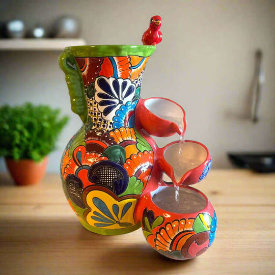 Colorful Talavera Tabletop Fountain | Mexican Folk Art Decor – handmade hand-painted cascading pitcher fountain with vivid floral motifs