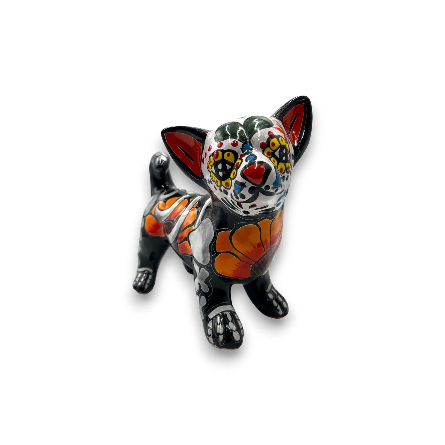 Handmade Talavera Chihuahua Statue | Day of the Dead Pottery (Medium)