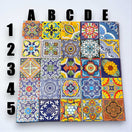 Handcrafted Talavera Tile Serving Tray | Mexican Wooden Tray showing 25 colorful hand-painted Talavera tiles in orange yellow blue floral motifs