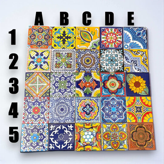 Handcrafted Talavera Tile Serving Tray | Mexican Wooden Tray showing 25 colorful hand-painted Talavera tiles in orange yellow blue floral motifs
