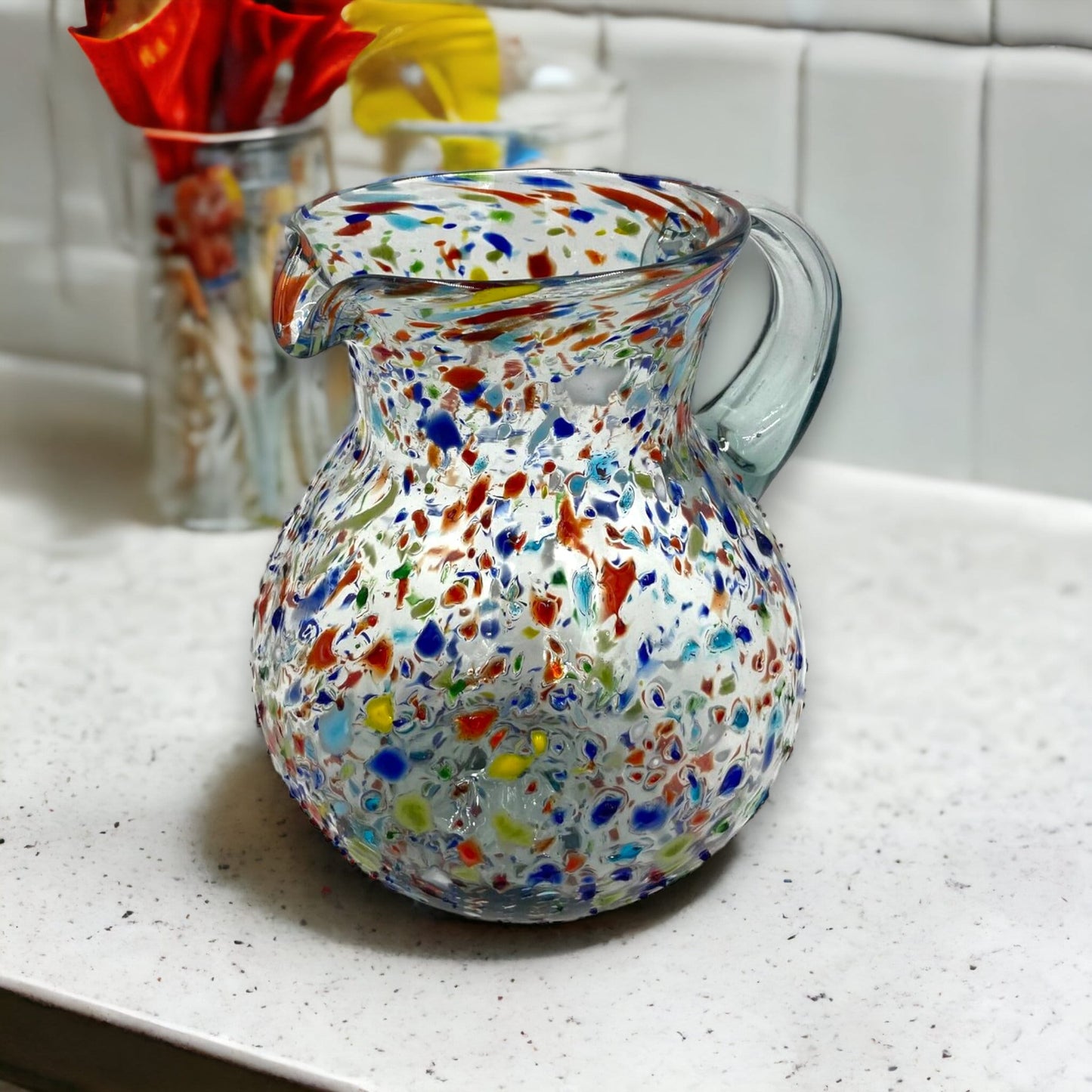 Handcrafted Colorful Confetti Rock Pitcher | Mexican Glassware (84 oz)