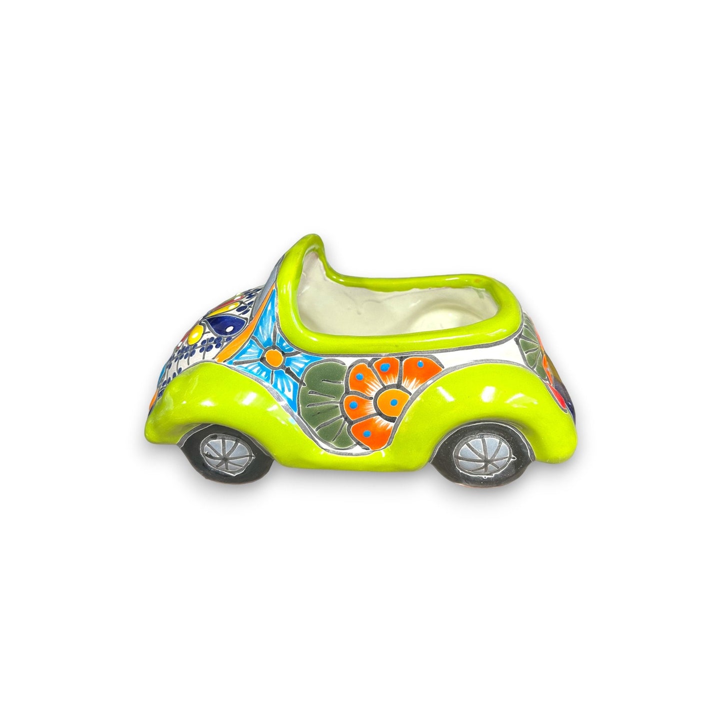 Colorful Hand-Painted Talavera Car Planter | Small Ceramic Car Statue