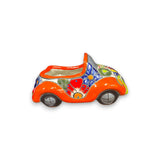 Colorful Hand-Painted Talavera Car Planter | Small Ceramic Car Statue - hand-painted orange Talavera ceramic car planter, small decorative car with floral pattern