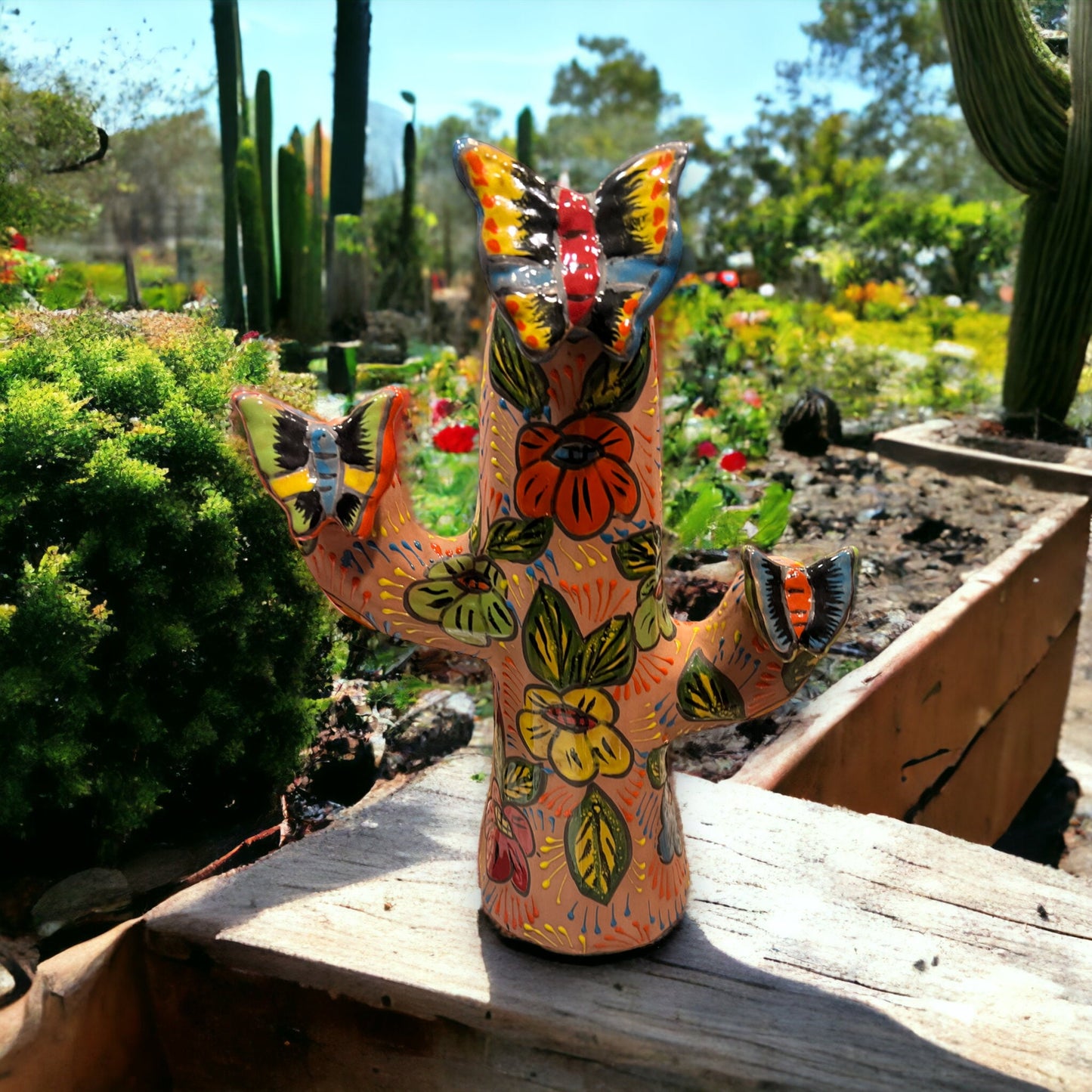 Colorful Handmade Talavera Cactus Statue | Large Mexican Cultural Art