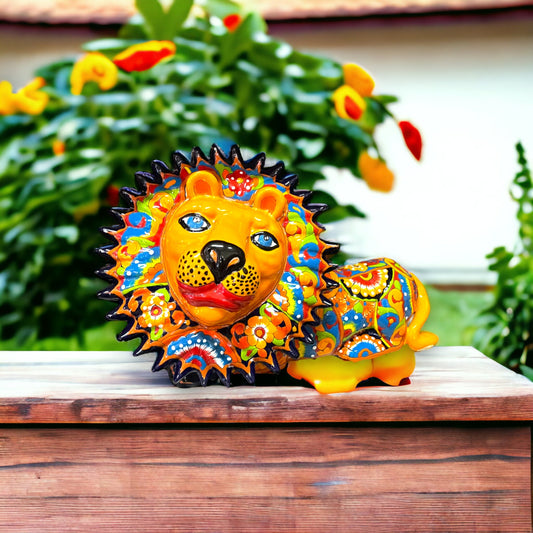 Handmade Talavera Lion Statue | Colorful Medium-Sized Cultural Art