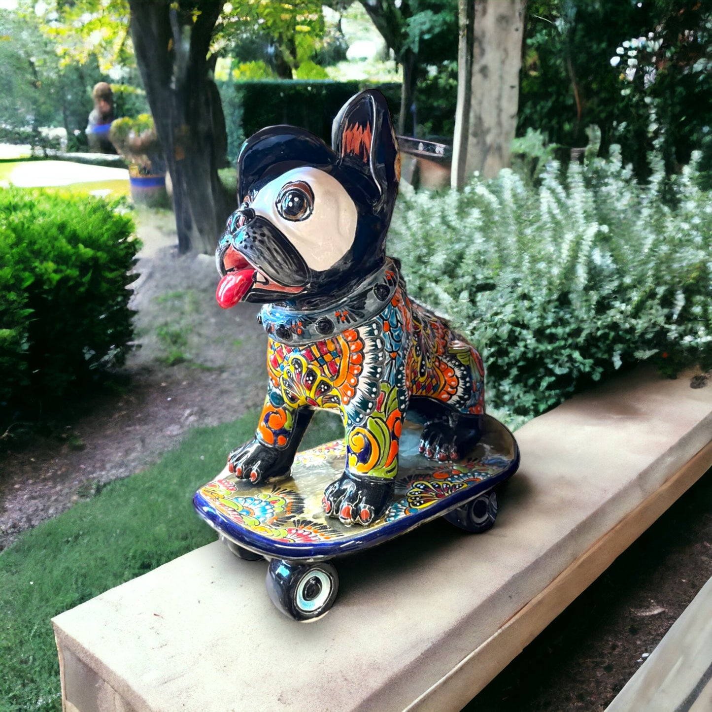 Talavera Frenchie Statue | Colorful Skateboarding Bulldog Art