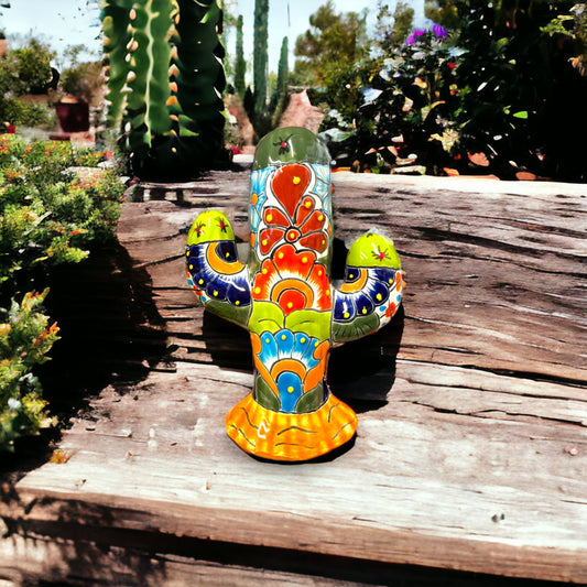 Handmade Talavera Cactus Statue | Medium Size Colorful Cultural Art