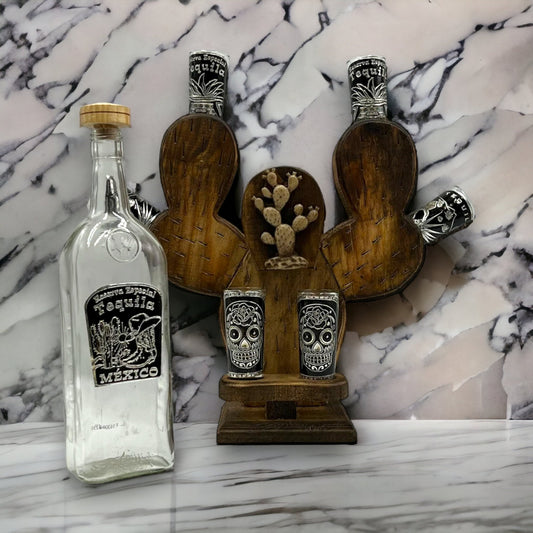 Cactus Decanter Handblown Mexican Shot Glass and Tequila Set | Solid Wood
