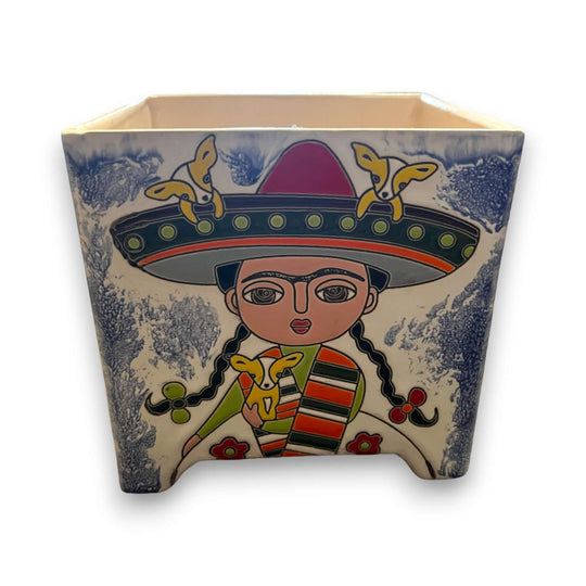Hand-Painted Frida Kahlo Talavera Pot | Mexican Folk Art Planter - vibrant hand-painted square Talavera planter with colorful Frida Kahlo design