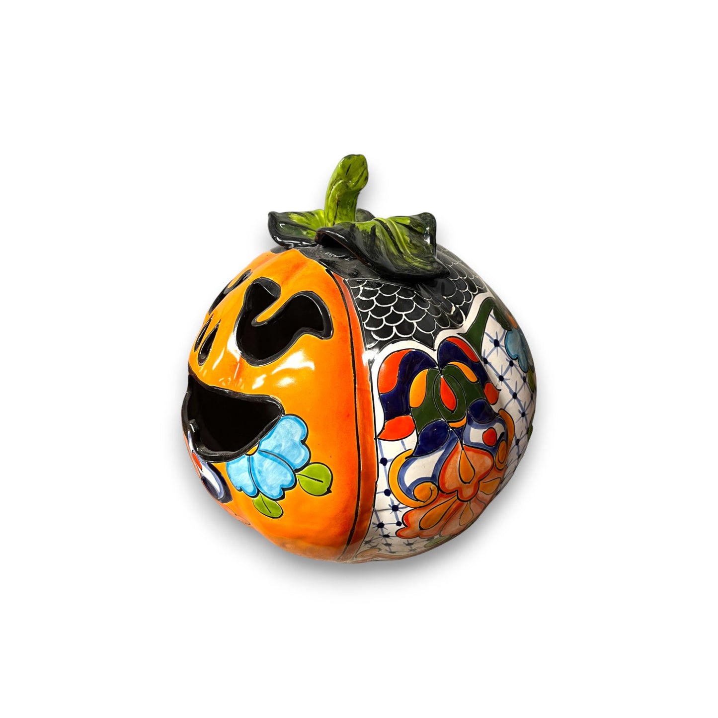 XL Talavera Pumpkin | Handmade Mexican Jack-o'-Lantern Art (14" Diameter)