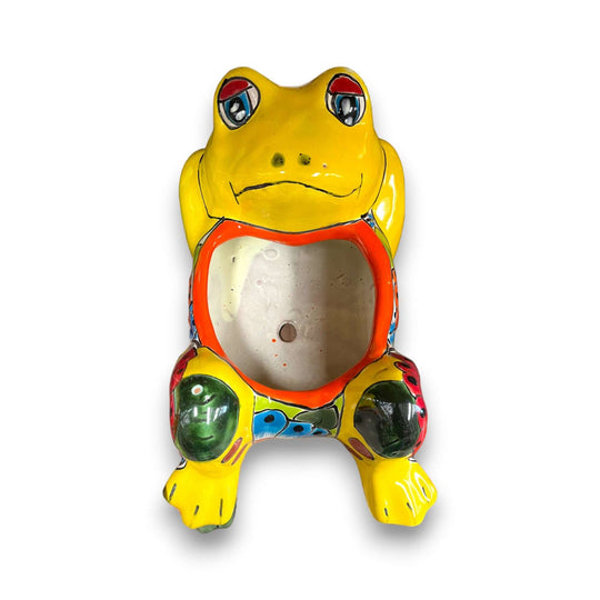 Talavera Frog Planter | Hand-Painted Mexican Ceramic Pot - yellow hand-painted Talavera frog planter with floral patterns and drainage hole