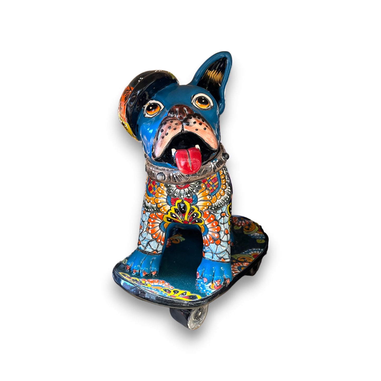 Talavera Frenchie Statue | Colorful Skateboarding Bulldog Art