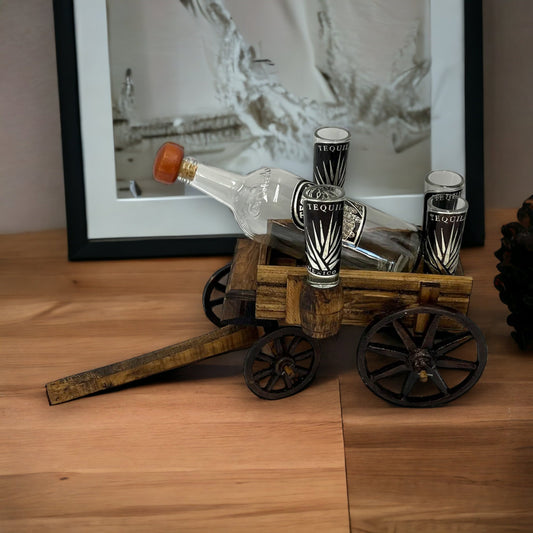 Handblown Mexican Shot Glass and Tequila Set | Wooden Wagon Decanter | Solid Wood