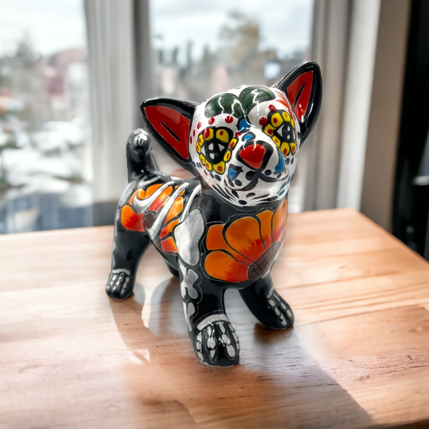 Handmade Talavera Chihuahua Statue | Day of the Dead Pottery (Medium)