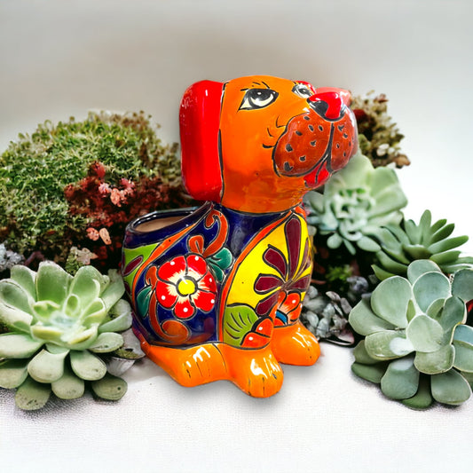 Mexican Handmade Dog Planter | Colorful Hand-Painted Talavera Dog Planter (Medium Size)