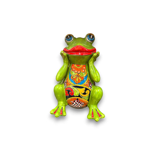Talavera Frog Statue | Vibrant Hand-Painted Mexican Ceramic Art — cheerful green hand-painted Talavera frog with red lips and intricate colorful chest pattern
