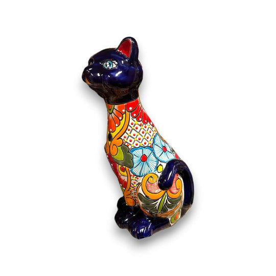 Talavera Cat Statue | Hand-Painted Mexican Ceramic Figurine - glossy dark blue face with multicolor floral body, hand-painted kiln-fired ceramic