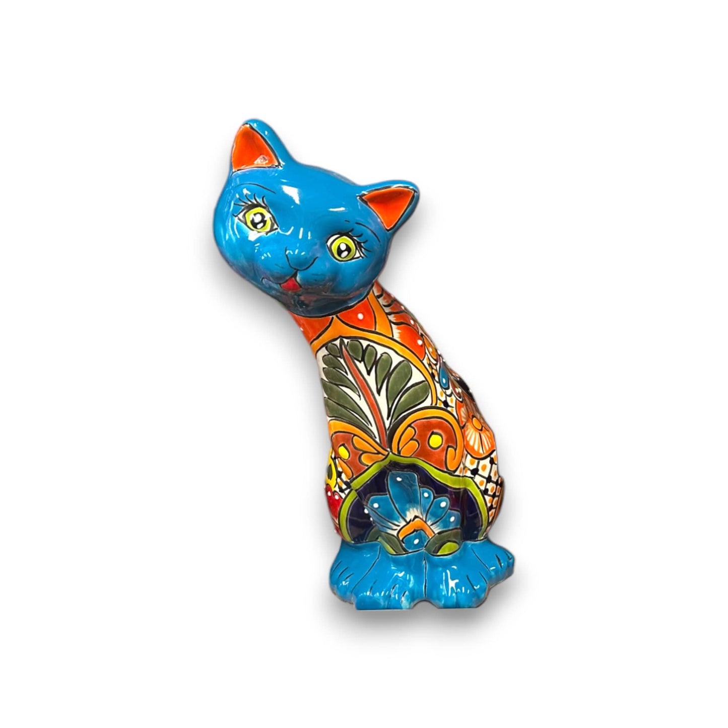 Talavera Curious Cat Statue | Medium-Sized Hand-Painted Mexican Artwork