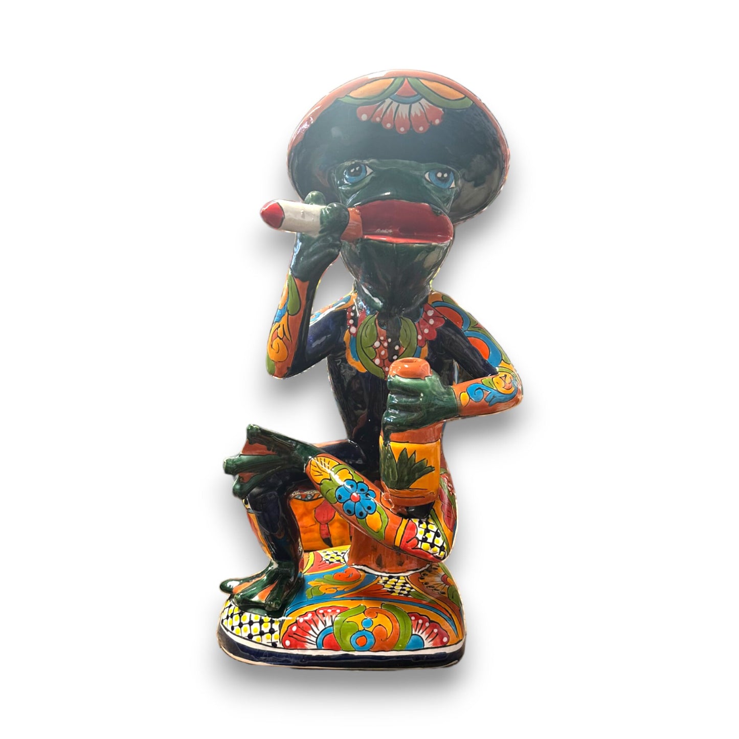 Colorful Talavera Frog Statue | Hand-Painted Medium-Sized Smoking Frog