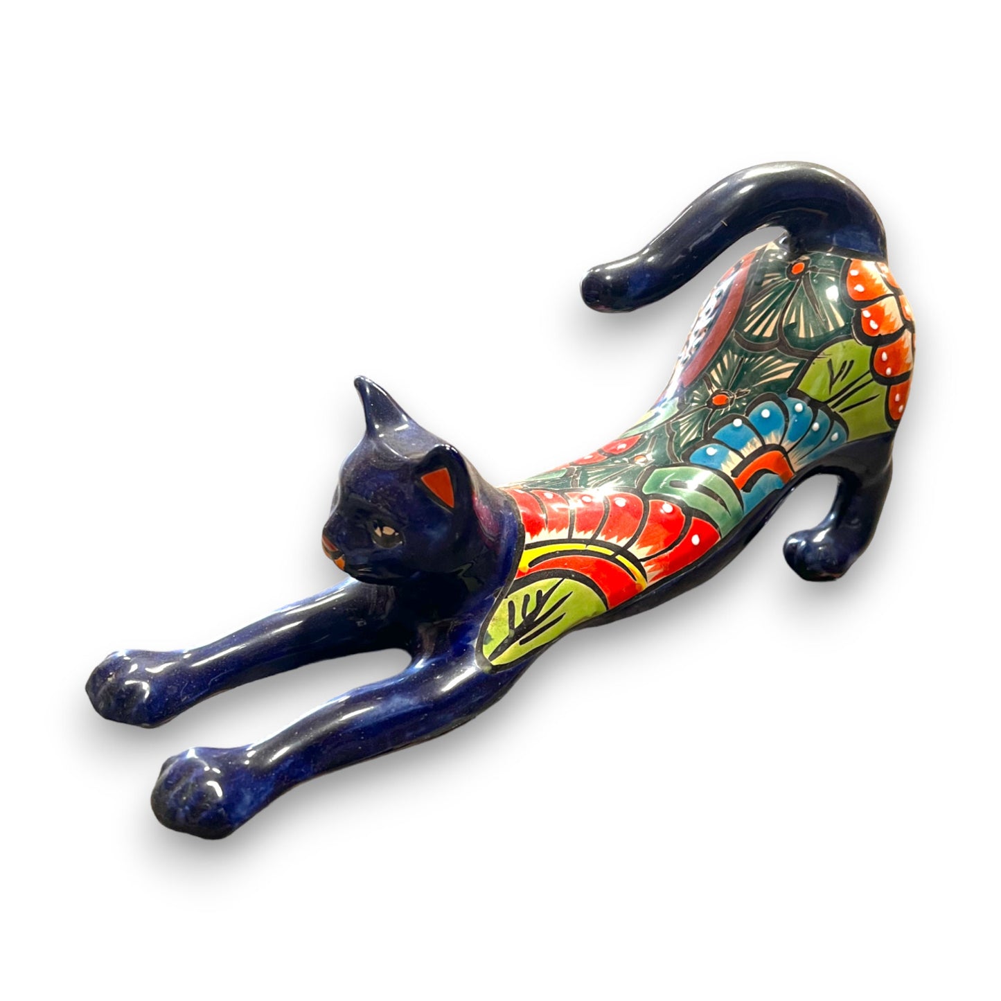 Talavera Stretching Cat Statue | Hand-Painted Mexican Folk Art