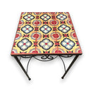 Mexican Accent End Table | Colorful Talavera Tile Design hand-painted square tile top on wrought-iron legs, vibrant yellow red blue floral pattern