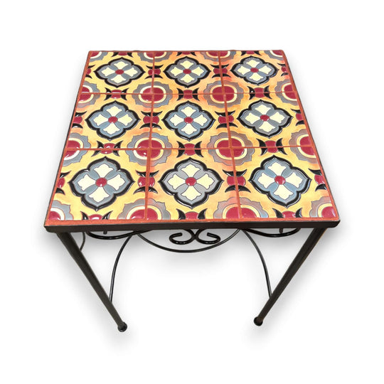 Mexican Accent End Table | Colorful Talavera Tile Design hand-painted square tile top on wrought-iron legs, vibrant yellow red blue floral pattern