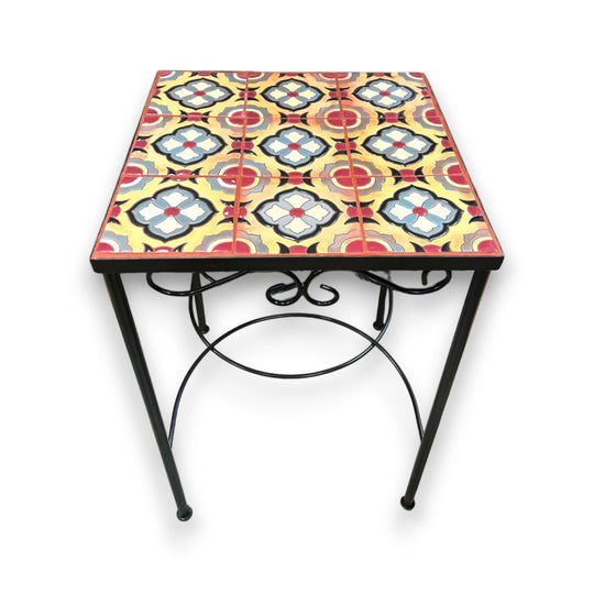 Mexican Accent End Table | Colorful Talavera Tile Design - handmade hand-painted talavera tile top on black wrought iron base