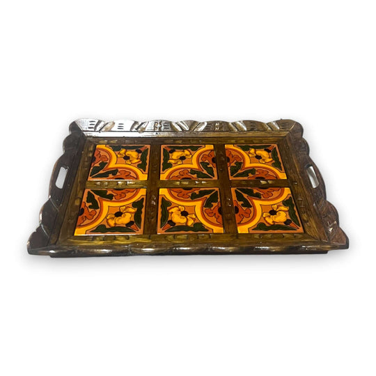 Handcrafted Talavera Tile Serving Tray | Mexican Wooden Tray with six orange yellow floral tiles, scalloped carved wooden handles