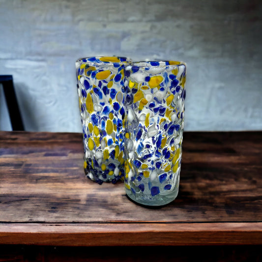 Handcrafted Mexican Double Shot Glass in Blue and Yellow | Artisan Glassware