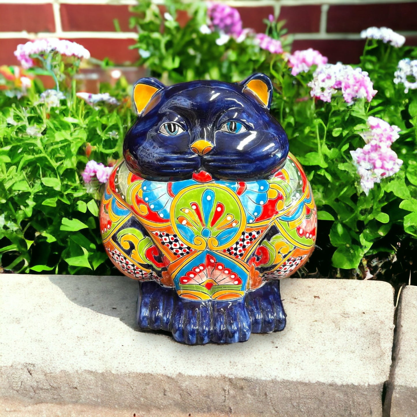 Handmade Fat Cat Planter | Hand Painted Fat Cat Talavera Artwork (Extra Large)