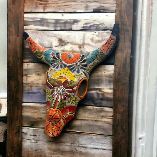 Talavera Texas Longhorn Bull Skull | Handmade Painted Mexican Wall Art 17"x15"