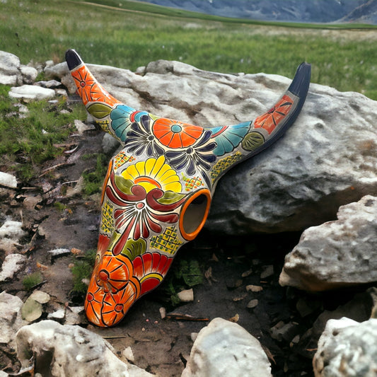 Talavera Texas Longhorn Bull Skull | Handmade Painted Mexican Wall Art 17"x15"
