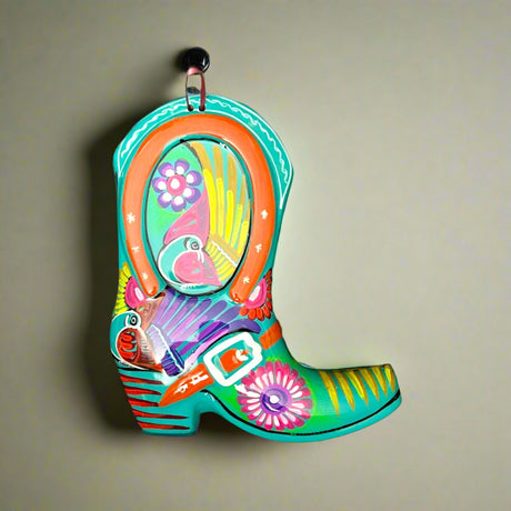 Guerrero Cowboy Boot Wall Art | Mexican Hand-Painted Pottery Decor - vibrant hand-painted Talavera boot with pink, green, yellow floral and bird motifs
