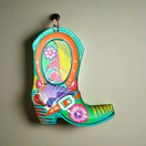 Guerrero Cowboy Boot Wall Art | Mexican Hand-Painted Pottery Decor - vibrant hand-painted Talavera boot with pink, green, yellow floral and bird motifs