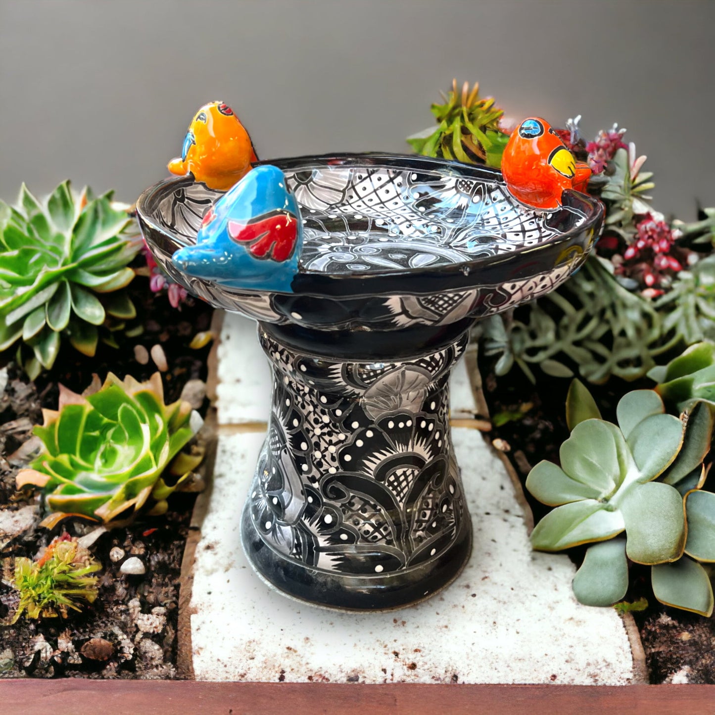 Colorful Handmade Talavera Bird Bath | Charming Small Bird Bath (18" Tall)