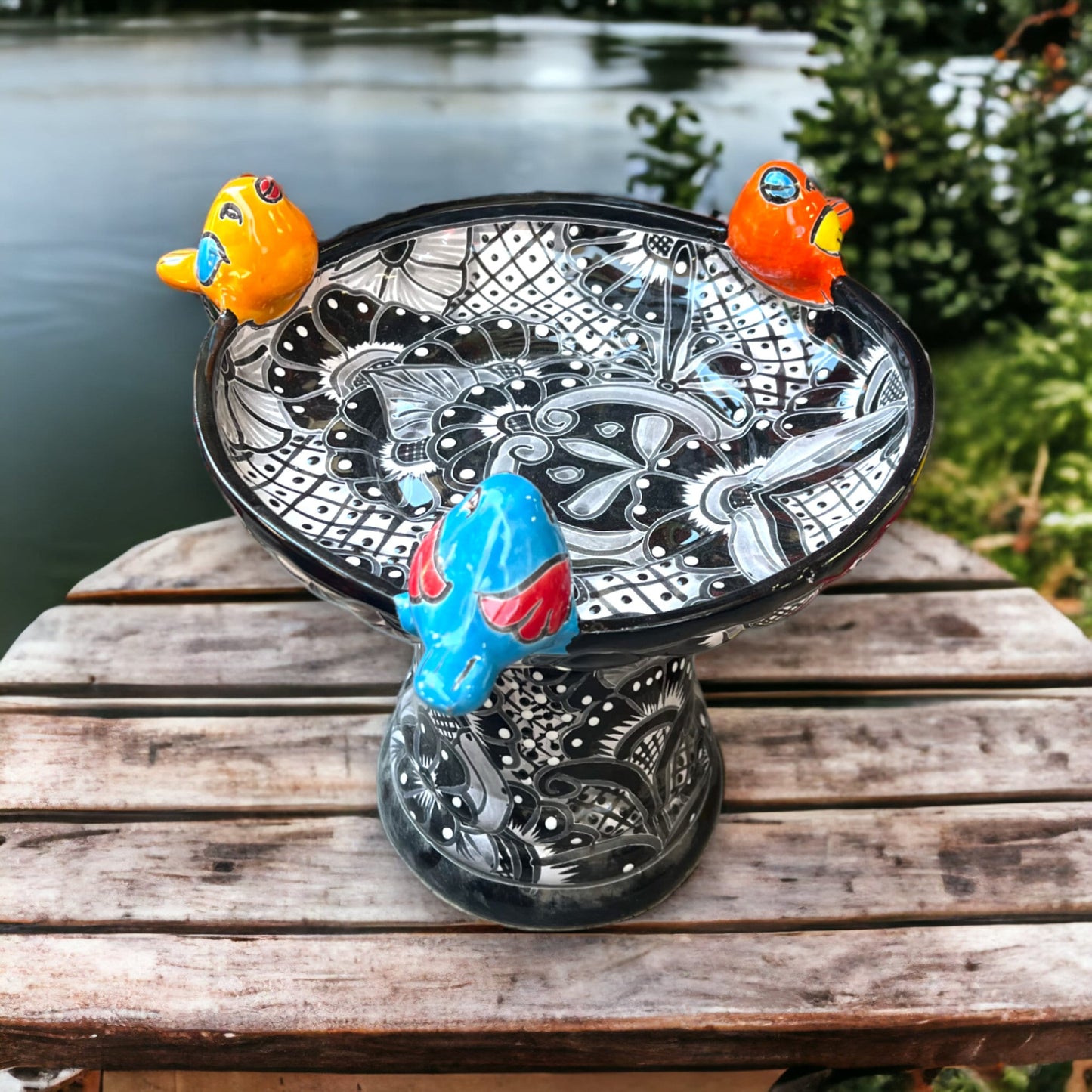 Colorful Handmade Talavera Bird Bath | Charming Small Bird Bath (18" Tall)