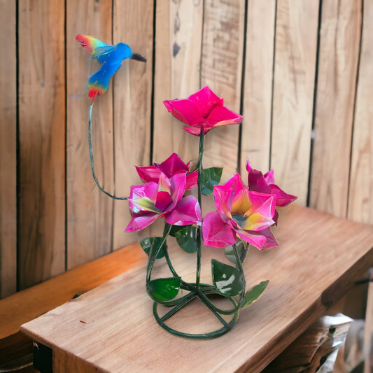 Colorful Mexican Metal Flower | Handcrafted Floral Décor with Hummingbird