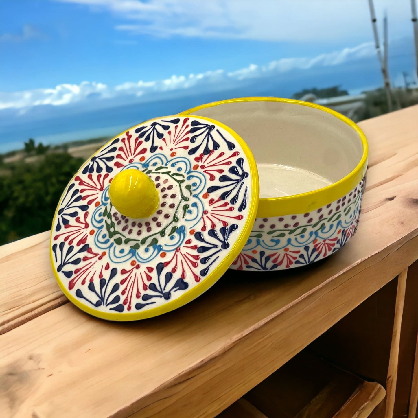 Talavera Tortilla Warmer | Handmade Puebla Pottery with Yellow Accents