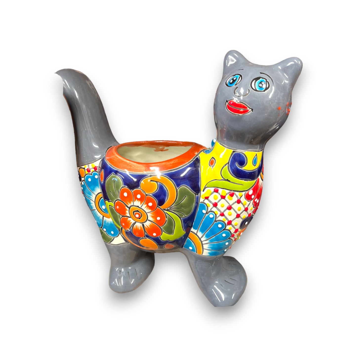 Talavera Cat Planter | Colorful Hand-Painted Mexican Artwork (Medium)