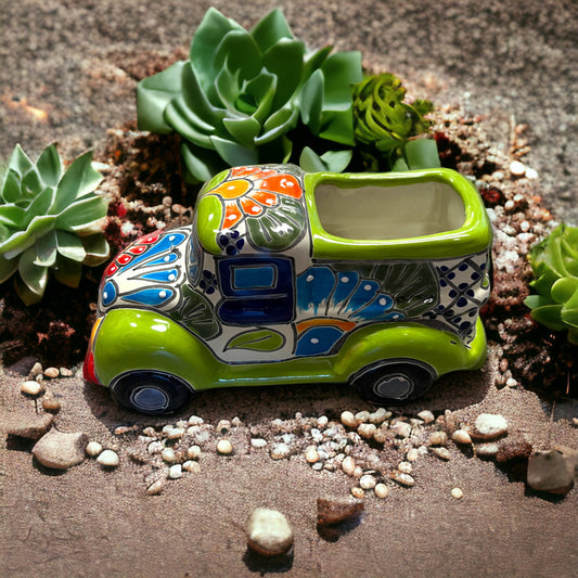 Hand-Painted Talavera Car Planter | Colorful Ceramic Car Statue (Small)